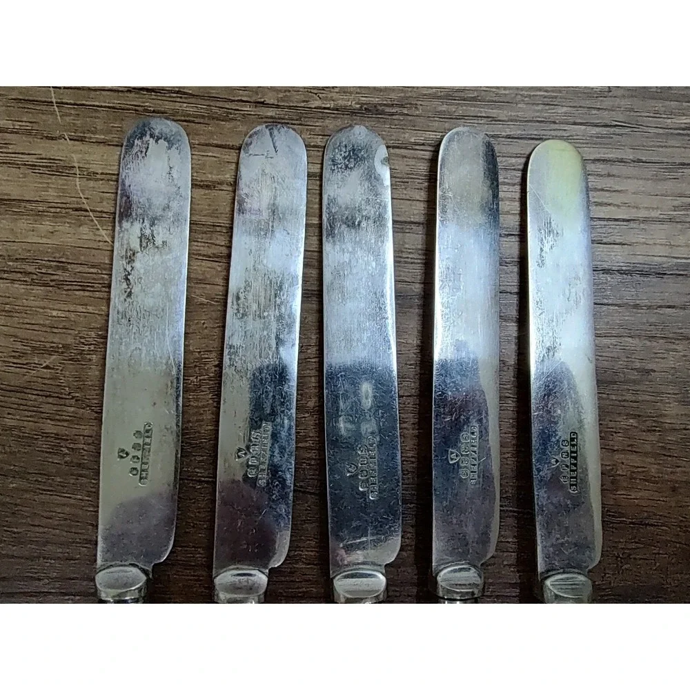 Antique Sheffield EPNS Butter Knives Set of 5 Sterling Ferrules Mother of Pearl